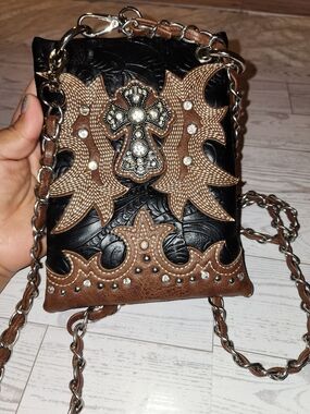 Western Tooled Crossbody Purse Black & Brown Embossed Faux Leather